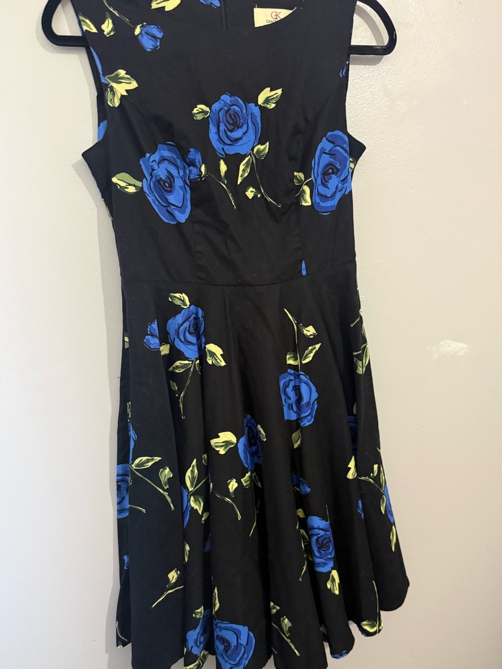 Grace Karin Black Fit-and-Flare Dress with Blue Rose Print